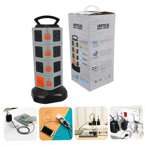 Heavy Duty Usb Power Strip With Secure Outlet Protectors Multi Port Smart Charger on display with packaging, showcasing black and grey design.