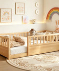 Twin Floor Bed With High Safety Fence, Solid Pine Wood Montessori Toddler Sleep Platform, Natural Finish Wooden Frame For Nursery And Kids Room, Seriously Sturdy Setup with toys and decorative elements.