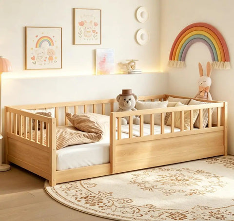 Twin Floor Bed With High Safety Fence, Solid Pine Wood Montessori Toddler Sleep Platform, Natural Finish Wooden Frame For Nursery And Kids Room, Seriously Sturdy Setup with toys and decorative elements.