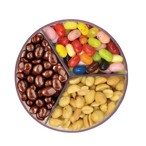 Stay Stocked On Your Favorite Treats Triple Compartment Candy Vending Machine Dispenser Pearl White Rotating Base easy snap apart design with assorted candies.