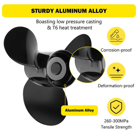 Upgrade Aluminum Boat Propeller For Mercury Outboards 40-150 HP 13 3/4 Inch Diameter 15 Pitch RH 3 Blade Spline 15 OEM 48-77342A45 Replacement Hub Kit Included, showing corrosion-resistant aluminum details and strength indicators.