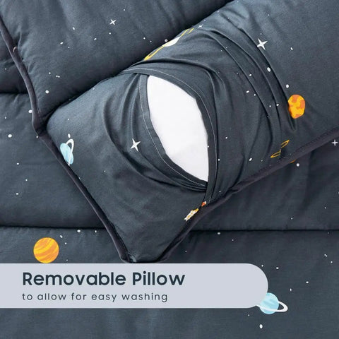 Removable pillow feature of Galaxy Space Nap Mat For Toddlers With Pillow And Blanket All In One Roll Up Sleeping Bag 50 x 20 inches