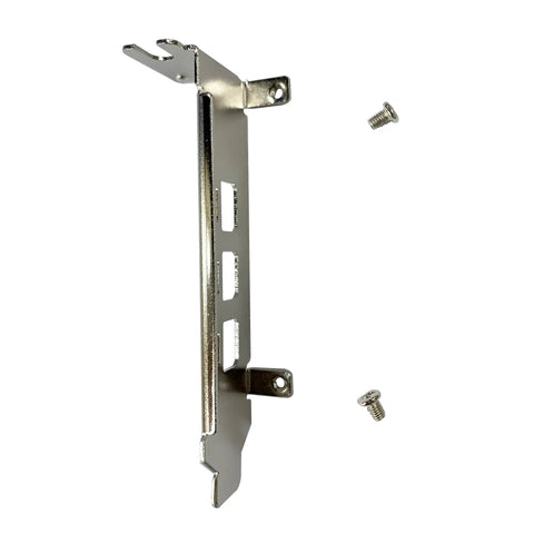 Solid Three Port Low Profile Short Bracket For Nvidia Quadro P400 And T400 Graphics Cards with screws, side view showcasing metal plate.