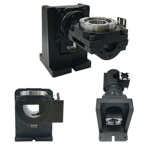 Plenty Smooth Heavy Duty 5 Axis Hollow Rotating Platform Indexing Rotary Table With Knockout Worm Gear Reducer For Zero Wobble CNC Setup showcasing front, side, and top view.