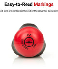 Red handle end of Long Phillips Head Screwdriver Size Three With High Torque And Three Sided Handle For Maximum Leverage Truncated Tip