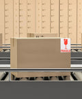 Shipping box with Red Fragile Warning Stickers With Strong Adhesive For Handle With Care Labels on conveyor belt.