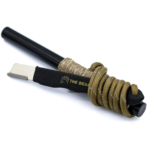 Prepper-Ready Large 6 Inch Ferro Rod With Tungsten Carbide Striker, wrapped in reflective paracord and waxed hemp, survival kit