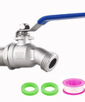 Side-view of full-flow 304 stainless steel hose bibb with blue lever handle; includes two green washers and pink gasket.