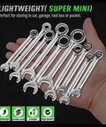 Hand holding Tiny But Mighty 22-Piece Mini Wrench Set For Tight Spaces Handy Alloy Wrenches In Metric And SAE Sizes.