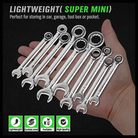 Hand holding Tiny But Mighty 22-Piece Mini Wrench Set For Tight Spaces Handy Alloy Wrenches In Metric And SAE Sizes.
