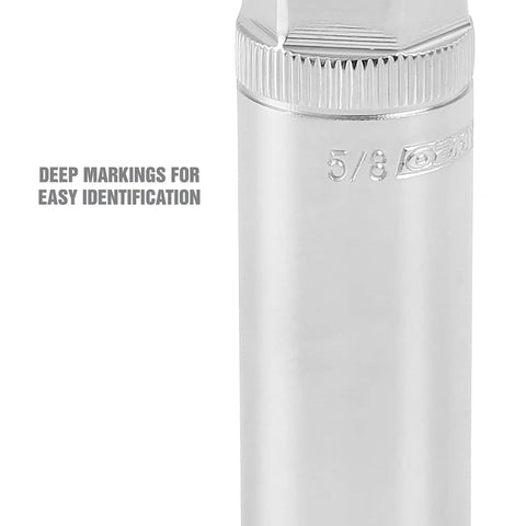 Close-up of Magnetic Five Eighths Spark Plug Socket For Three Eighths Inch Drive Engine Tune Up Tool with chrome finish and 5/8 marking