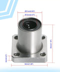 Heavy Duty Square Flange Linear Ball Bearing, ID 12mm OD 21mm, Sae 52100 Carbon Steel with quad ball setup and flange detail.
