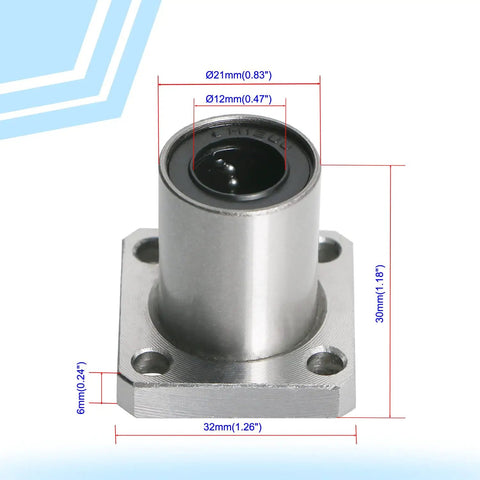 Heavy Duty Square Flange Linear Ball Bearing, ID 12mm OD 21mm, Sae 52100 Carbon Steel with quad ball setup and flange detail.
