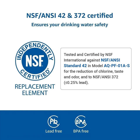 NSF certified PF-01A Replacement Water Filter For Waterdrop Pitchers And Dispensers, ensures safety, reduces lead and chlorine.