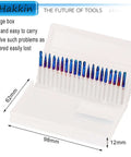 Hakkin 20-piece carbide rotary burrs set in clear plastic storage case; blue-coated ball-nose end mills with 1/8 in shank
