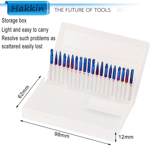 Hakkin 20-piece carbide rotary burrs set in clear plastic storage case; blue-coated ball-nose end mills with 1/8 in shank