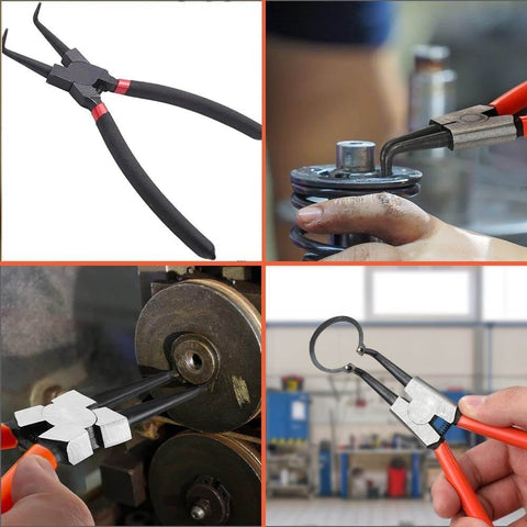Internal Snap Ring Pliers Angled Bent Nose 90 Degree Tip 7 Inch shown from multiple angles and in use.