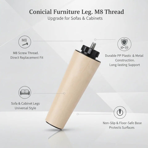 Conical Furniture Leg Replacement Kit With M8 Thread, Easy Tool-Free Install for Sofa, Cabinet and Chair Repair, Durable PP and Metal, 5.9 x 2.2 Inches, 1 Pack shown with features
