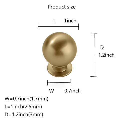 10 Pack 1 Inch Brushed Gold Cabinet Knobs And Drawer Pulls Set For Kitchen Cabinets Sleek Brushed Brass Small Ball Style with dimensions