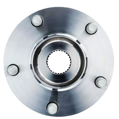 Front view of Front Wheel Bearing And Hub Assembly With ABS 5 Lug 2pc Set For Mazda 3 Sport And Mazda CX3 Low Runout Quiet Ride Fits AWD And FWD Durable Long Lasting Performance Ready For Daily Driving.
