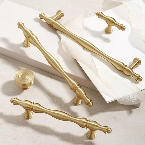 Dope Brass Drawer Handles Set For Kitchen Cabinets And Furniture, Gold Finish displayed with styled packaging