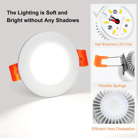 2 Inch LED Recessed Lighting Kit Dimmable Downlight 3W 35W Halogen Equivalent CRI80 5000K Daylight White features and close-ups