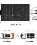 Heavy Duty Flexible Solar Panel Kit 1000W Total Power Ten 100W Lightweight Etfe Modules, dimensions and MC4 cables shown.