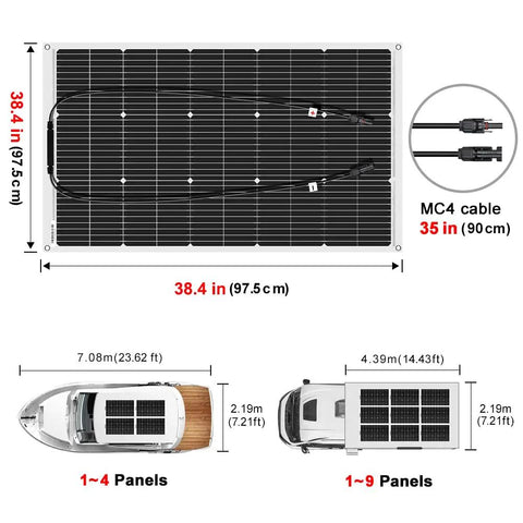 Heavy Duty Flexible Solar Panel Kit 1000W Total Power Ten 100W Lightweight Etfe Modules, dimensions and MC4 cables shown.