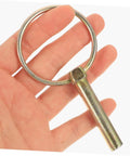 Close-up of clevis pin with hitch ring clip held in hand from 12 Piece Heavy Duty Clevis Pin And Safety Pin Kit With Hitch Ring Clips