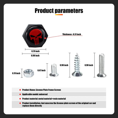 Pack Of 4 Long Tooth Skull Pattern License Plate Screws Fastener Kit Aluminum Alloy Anti Theft Caps For Cars Trucks Motorcycles And SUVs Black Or Red Finish product dimensions and specifications