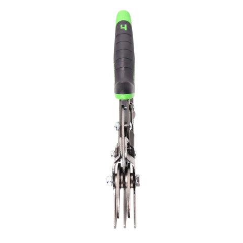 Front view of 5 Blade Crimper for Sealing Round Metal Pipe with Rugged High Carbon Steel Blades and Chrome Silicon Spring handle.