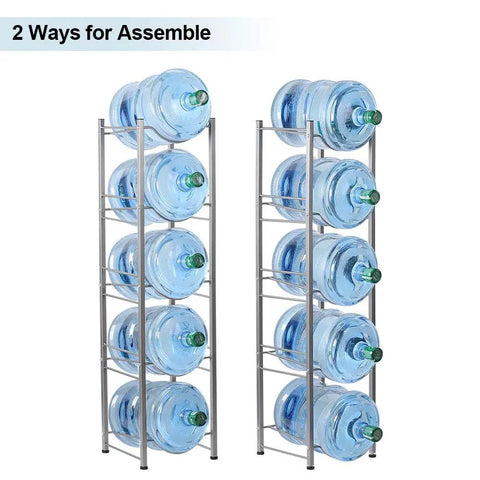 Five Gallon Water Jug Holder Five Tier Heavy Duty Freestanding Water Rack In Silver showing two assembly options.