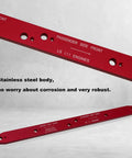 Precision Exhaust Manifold Drill Template Compatible With Chevy LS 4.8L 5.3L 6.0L V8 Engines showing red stainless steel drill guide for LS engines.