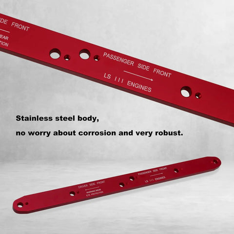 Precision Exhaust Manifold Drill Template Compatible With Chevy LS 4.8L 5.3L 6.0L V8 Engines showing red stainless steel drill guide for LS engines.