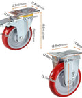 Rock Hard Five Inch Red Polyurethane Swivel Castors Four Pack Furniture Wheels shown with dimensions and locking mechanism.