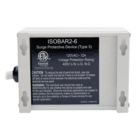 Back view of Isobar 2 Outlet Heavy Duty Power Strip Surge Protector With 1410 Joules 6ft Cord All Metal Housing