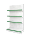 Heavy Duty Adjustable Gondola Shelving Unit Rock Solid Reinforced Steel Double Sided Retail Rack With Sturdy Levelers For Flexible Grocery Bulk Storage Setup. Four green-topped shelves.