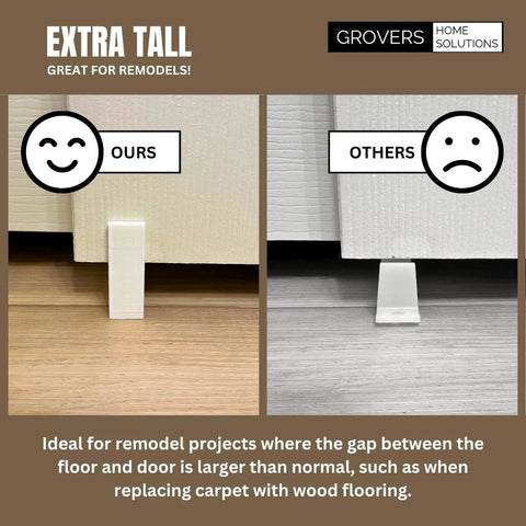 Comparison of 5 Pack Universal Adjustable Height Sliding Closet Door Floor Guide Bracket showing ours vs others, highlighting height difference.