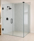 Solid Matte Black 90 Degree Shower Glass Corner Clamp For Frameless Panels Fits 3/8 To 1/2 Thick Glass Top Shelf Bathroom Hardware installed in a stylish shower.