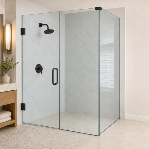 Solid Matte Black 90 Degree Shower Glass Corner Clamp For Frameless Panels Fits 3/8 To 1/2 Thick Glass Top Shelf Bathroom Hardware installed in a stylish shower.