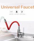 ZBSAVFM Rotating Black Kitchen Faucet with Silica Gel Nozzle Hot & Cold Water Mixer showing flexible red spout and modern design.
