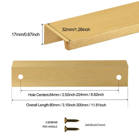 Dimensions and components of Brushed Gold Aluminum Alloy Concealed Drawer Pulls 2 Pack For Cabinets And Doors, 80mm Flat Finger Pull.