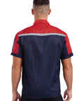 Men Heavy Duty Mechanic Uniform Short Sleeve Work Shirt Built Tough Contrast Utility Top With Safety Reflective Stripes Zip Front Drop Collar Red Navy Blue Job Site Staple back view showing red and navy blue colors.
