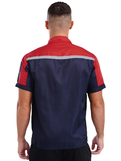 Men Heavy Duty Mechanic Uniform Short Sleeve Work Shirt Built Tough Contrast Utility Top With Safety Reflective Stripes Zip Front Drop Collar Red Navy Blue Job Site Staple back view showing red and navy blue colors.