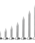 700 Piece 304 Stainless Steel Self Tapping Screws Flat Head Wood And Metal Fasteners Size 6X5X8 Inch Rust Proof Heavy Duty Hardware Bulk Pack in various sizes.
