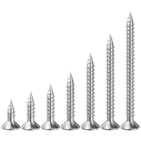 700 Piece 304 Stainless Steel Self Tapping Screws Flat Head Wood And Metal Fasteners Size 6X5X8 Inch Rust Proof Heavy Duty Hardware Bulk Pack in various sizes.