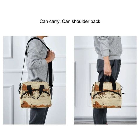 Person carrying Desert Cowboy Vibe Cooler Bag For Lunch Insulated 10L Leakproof Portable Lunch Box by shoulder strap and handles