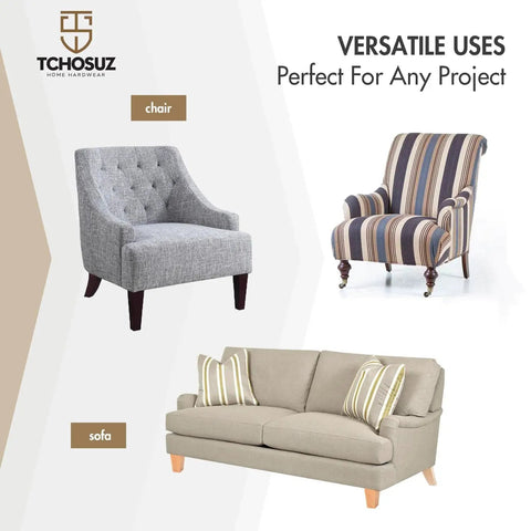 Grey and striped chairs with a beige sofa showcasing walnut wood furniture legs with casters.