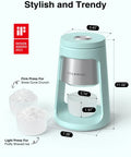 Cool Blue 130W Electric Shaved Ice Machine And Snow Cone Maker Featuring Smart Overheat Protection And A Fast Ice Shaver With Two Bonus Ice Cups. Compact design with measurements and cups.