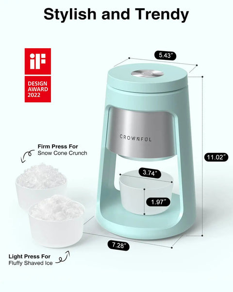 Cool Blue 130W Electric Shaved Ice Machine And Snow Cone Maker Featuring Smart Overheat Protection And A Fast Ice Shaver With Two Bonus Ice Cups. Compact design with measurements and cups.